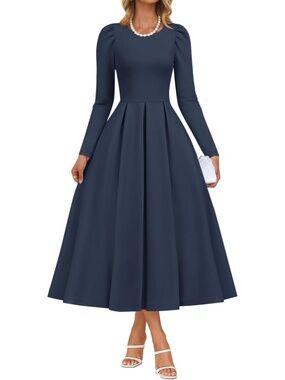 Zesica Women's Navy Crew Neck Long Sleeve a Line Formal Cocktail Midi Dress